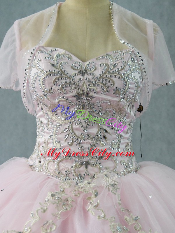 Pink Lace Up Sweetheart Beading Quinceanera Gowns Tulle Sleeveless