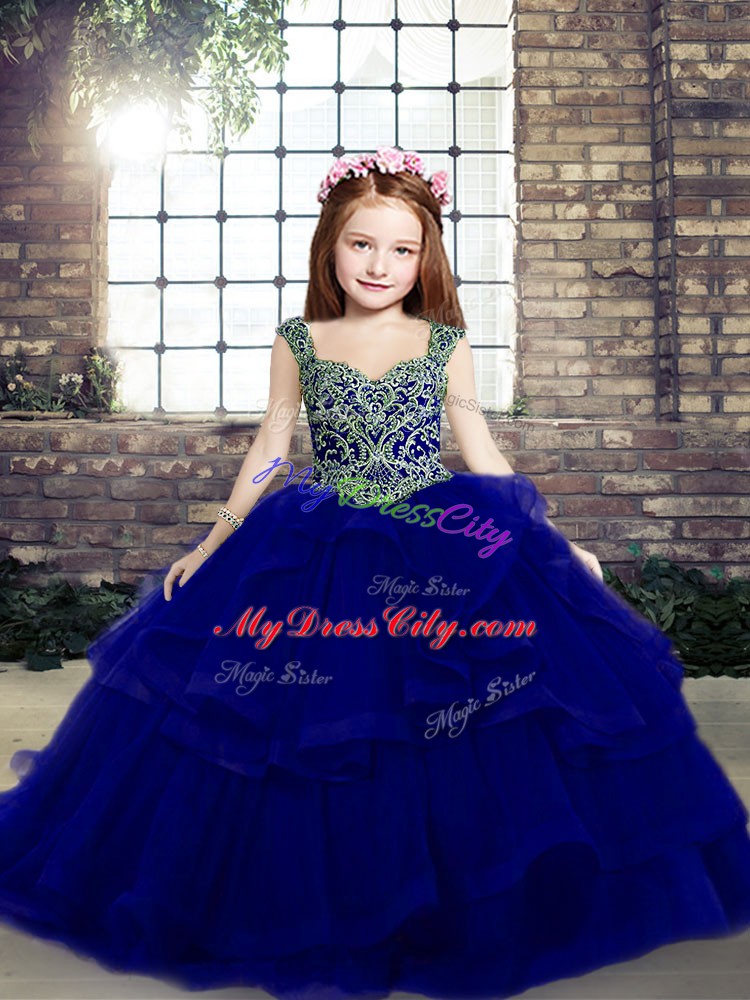 Eye-catching Mermaid Little Girl Pageant Dress Royal Blue Straps Organza Sleeveless Floor Length Lace Up