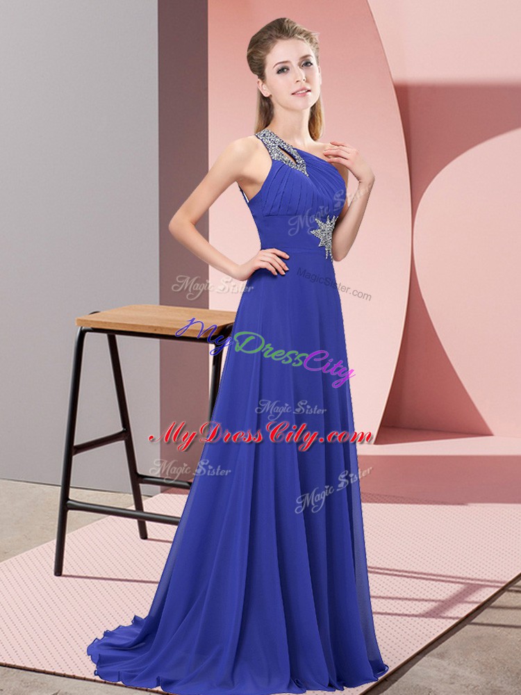 Purple Chiffon Prom Dresses Sleeveless Floor Length Beading