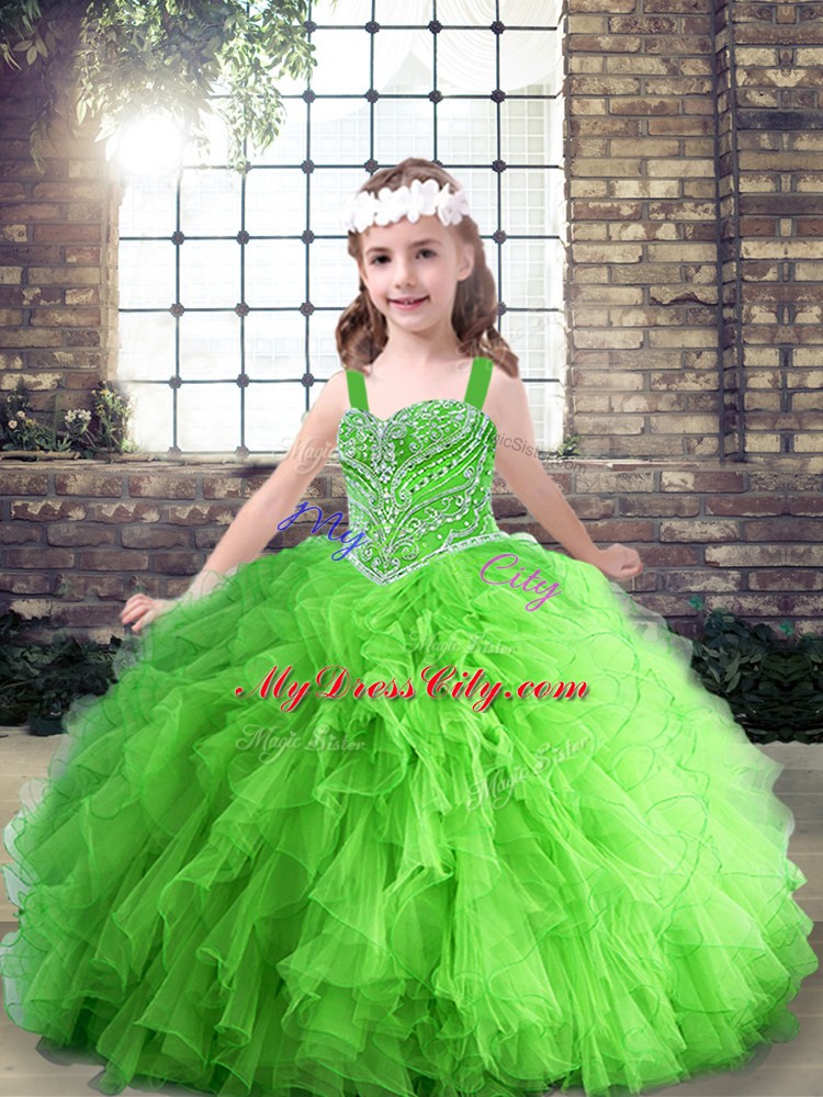 Sleeveless Tulle Floor Length Lace Up Little Girls Pageant Gowns in with Beading and Ruffles