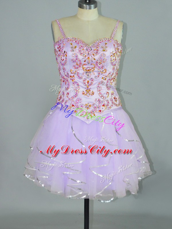 Lavender Spaghetti Straps Neckline Beading and Ruffles Sleeveless Lace Up