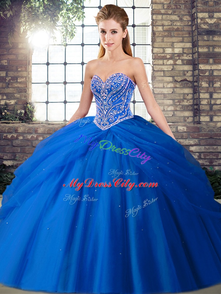 Blue Lace Up Ball Gown Prom Dress Beading and Pick Ups Sleeveless Brush Train