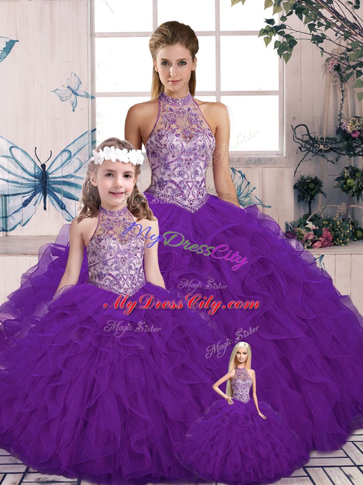 Purple Sleeveless Tulle Lace Up Sweet 16 Dress for Military Ball and Sweet 16 and Quinceanera