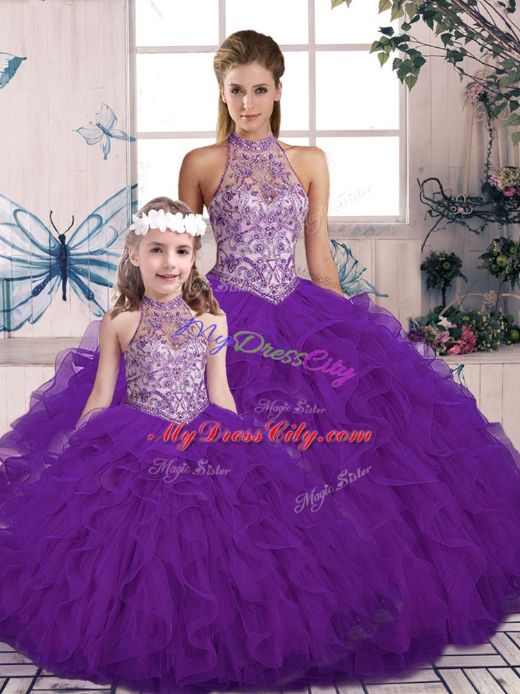 Purple Sleeveless Tulle Lace Up Sweet 16 Dress for Military Ball and Sweet 16 and Quinceanera