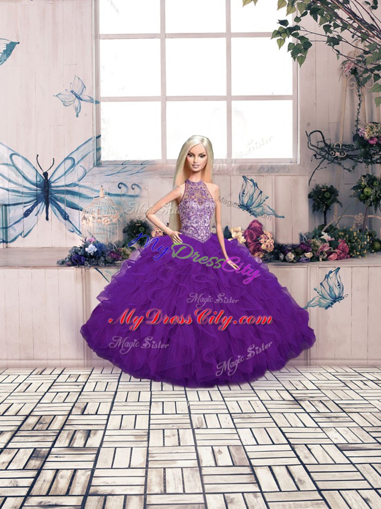 Purple Sleeveless Tulle Lace Up Sweet 16 Dress for Military Ball and Sweet 16 and Quinceanera