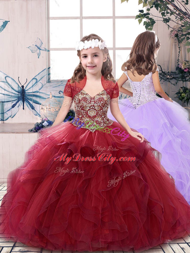 Popular Red Ball Gowns Beading Pageant Dress Toddler Lace Up Tulle Sleeveless Floor Length