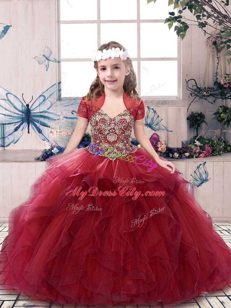 Popular Red Ball Gowns Beading Pageant Dress Toddler Lace Up Tulle Sleeveless Floor Length