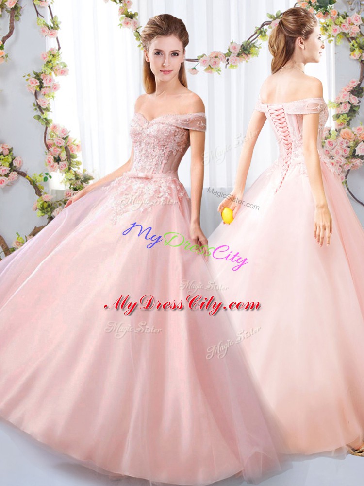 Exquisite Pink A-line Appliques and Belt Bridesmaid Dresses Lace Up Tulle Sleeveless Floor Length