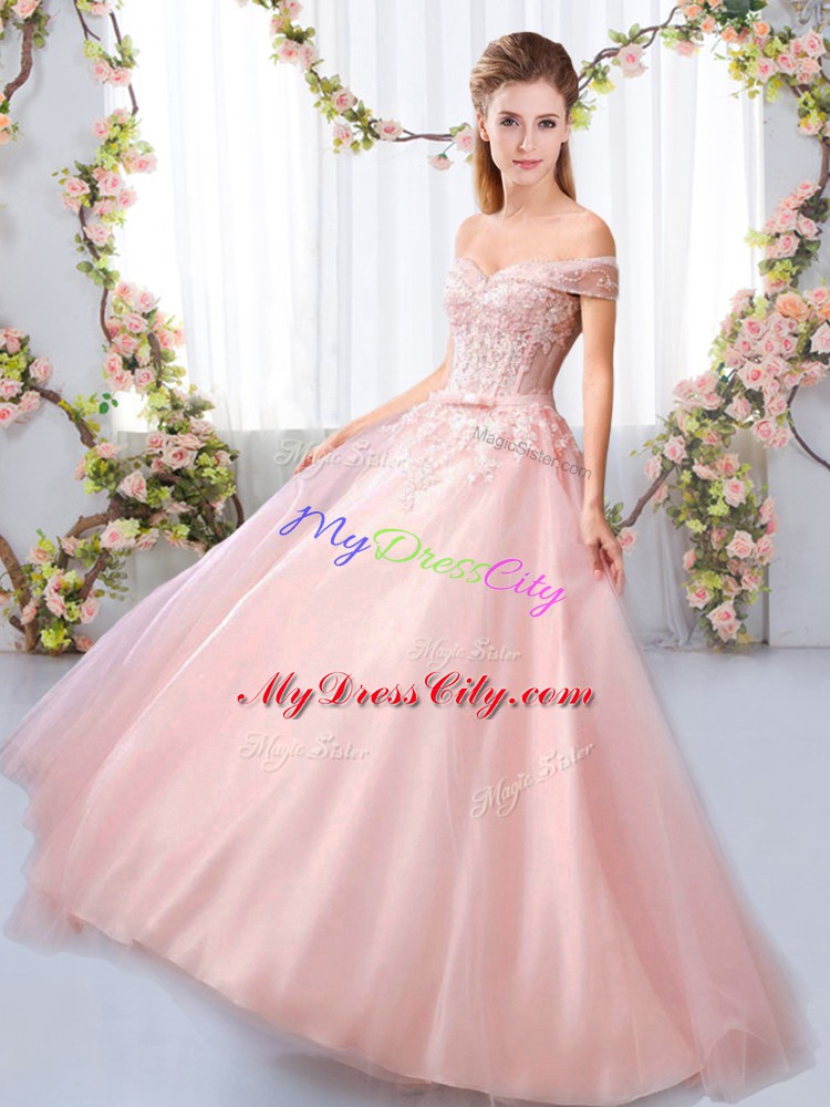 Exquisite Pink A-line Appliques and Belt Bridesmaid Dresses Lace Up Tulle Sleeveless Floor Length