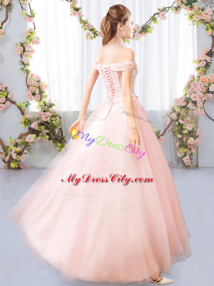 Exquisite Pink A-line Appliques and Belt Bridesmaid Dresses Lace Up Tulle Sleeveless Floor Length