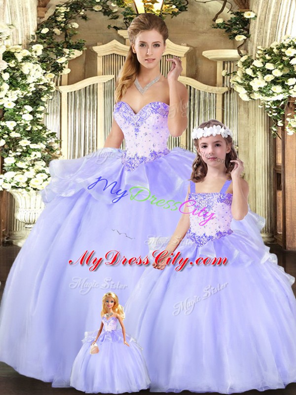 Enchanting Lavender Ball Gowns Sweetheart Sleeveless Organza Floor Length Lace Up Beading and Ruffles Quince Ball Gowns