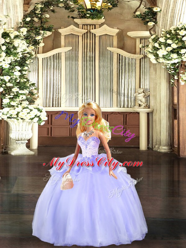 Enchanting Lavender Ball Gowns Sweetheart Sleeveless Organza Floor Length Lace Up Beading and Ruffles Quince Ball Gowns