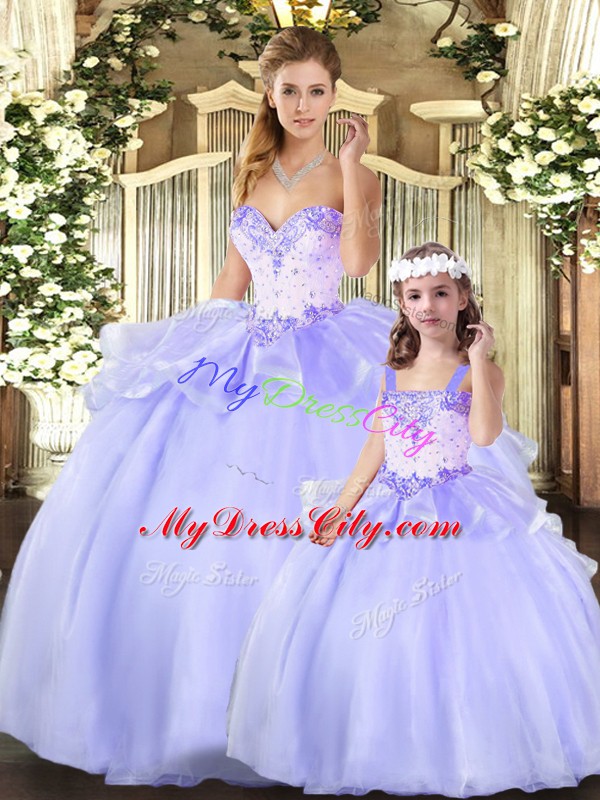 Enchanting Lavender Ball Gowns Sweetheart Sleeveless Organza Floor Length Lace Up Beading and Ruffles Quince Ball Gowns