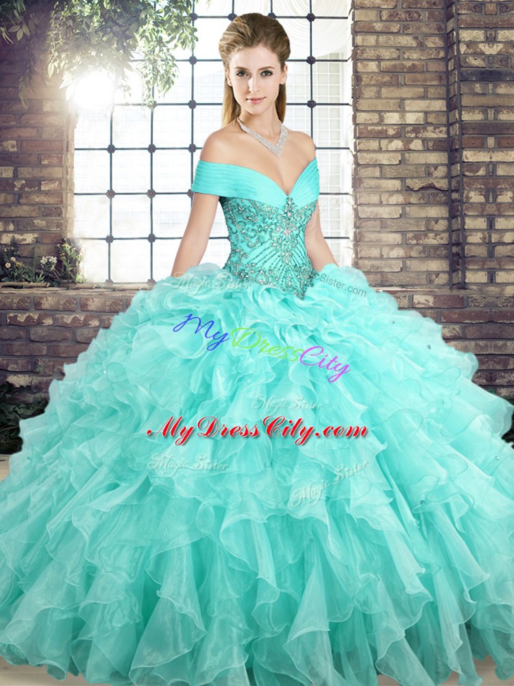 Top Selling Aqua Blue Ball Gowns Organza Off The Shoulder Sleeveless Beading and Ruffles Lace Up 15 Quinceanera Dress Brush Train