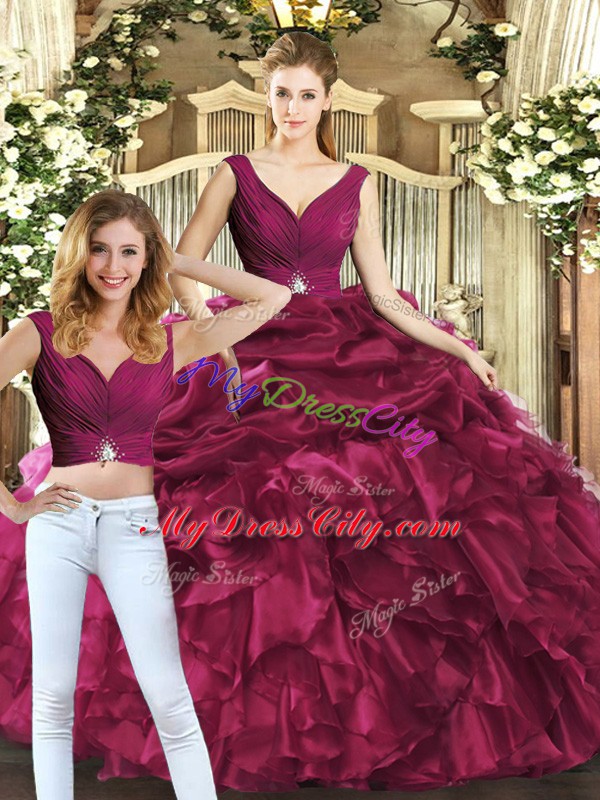 Vintage Sleeveless Organza Floor Length Backless Vestidos de Quinceanera in Burgundy with Pick Ups