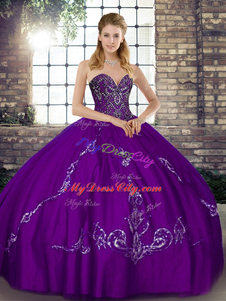 Sleeveless Tulle Floor Length Lace Up Quinceanera Gown in Purple with Beading and Embroidery