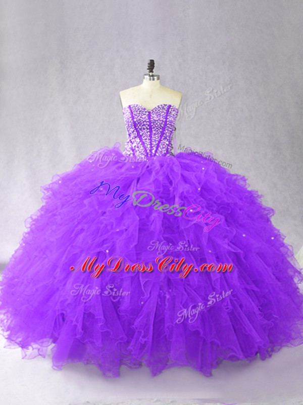 Pretty Sleeveless Tulle Floor Length Lace Up Quinceanera Dress in Purple with Beading and Ruffles