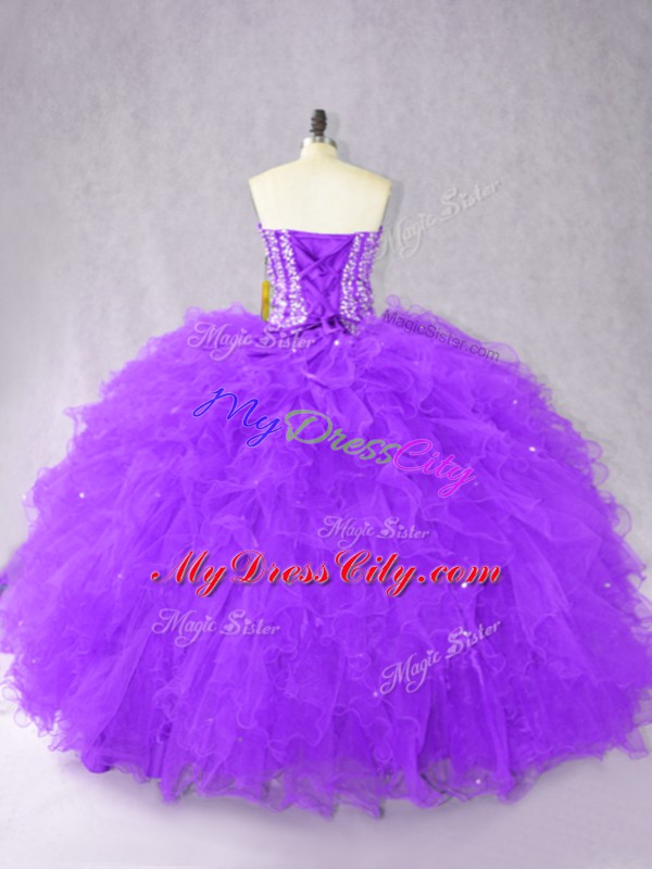 Pretty Sleeveless Tulle Floor Length Lace Up Quinceanera Dress in Purple with Beading and Ruffles