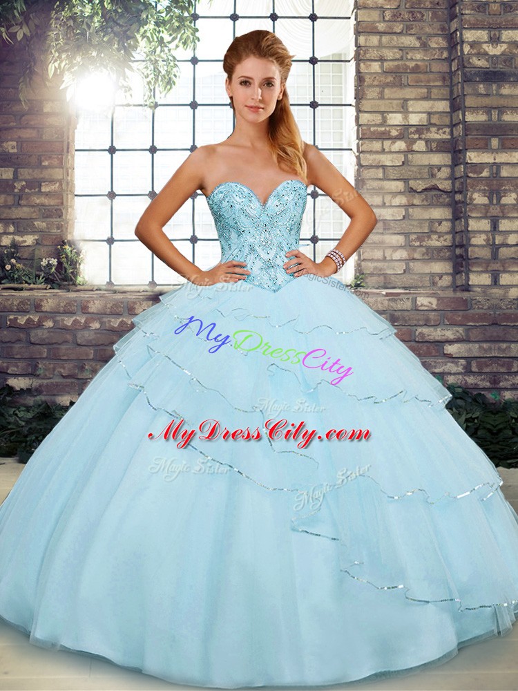 Clearance Tulle Sweetheart Sleeveless Brush Train Lace Up Beading and Ruffled Layers Vestidos de Quinceanera in Light Blue