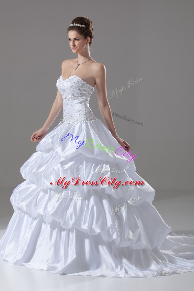 Embroidery and Pick Ups Wedding Gowns White Lace Up Sleeveless Brush Train