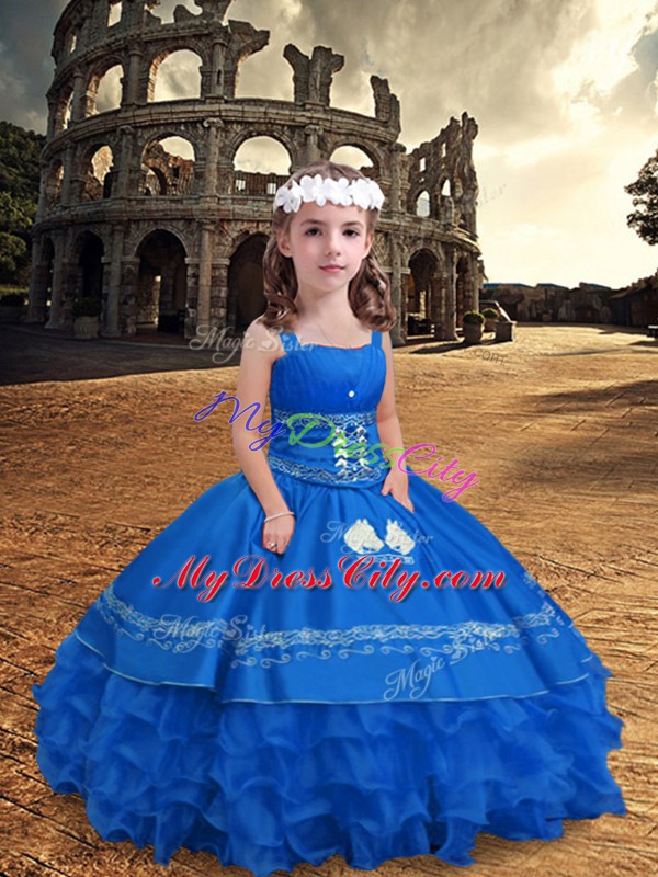 Blue Zipper Straps Embroidery and Ruffled Layers Little Girl Pageant Dress Satin and Organza Sleeveless