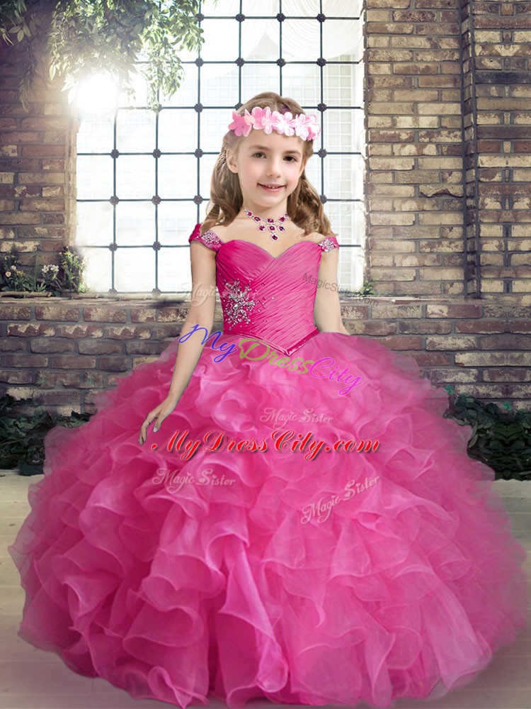 Straps Sleeveless Kids Formal Wear Floor Length Beading and Ruffles Hot Pink Organza