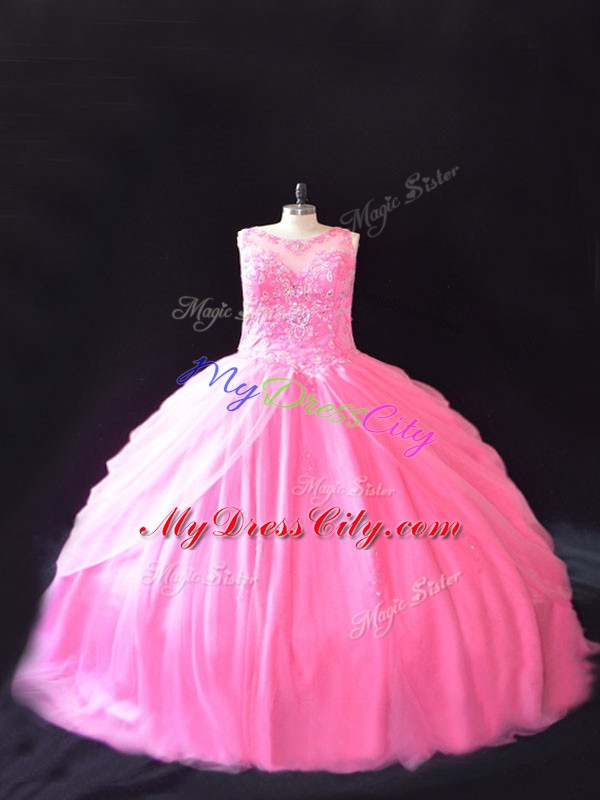 Cute Rose Pink Lace Up Scoop Beading Sweet 16 Dresses Tulle Sleeveless Court Train