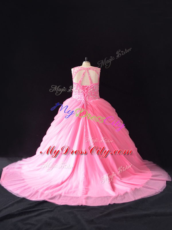 Cute Rose Pink Lace Up Scoop Beading Sweet 16 Dresses Tulle Sleeveless Court Train