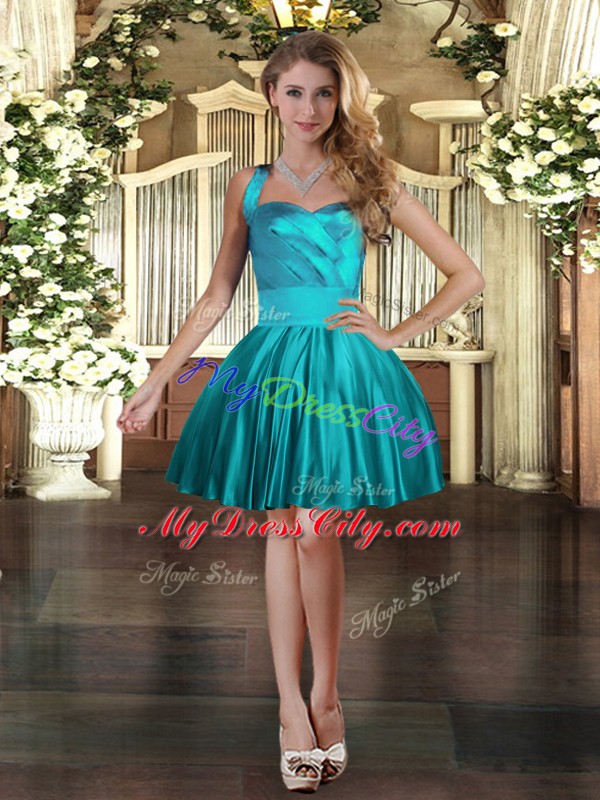 Sleeveless Mini Length Ruching Lace Up Pageant Dress for Womens with Teal