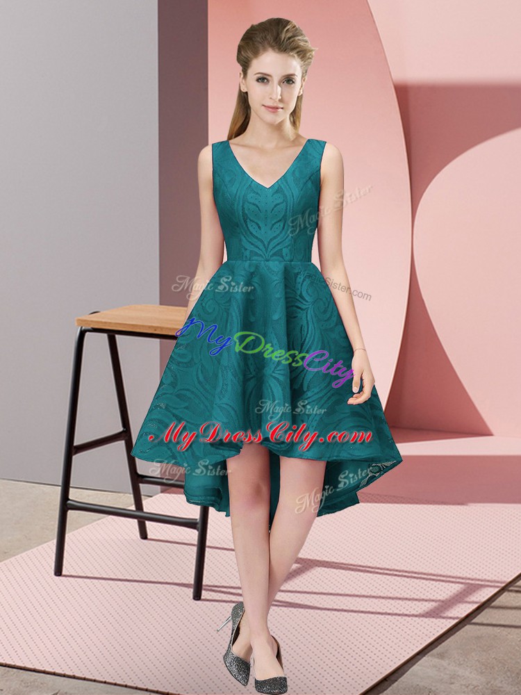 Teal Zipper V-neck Lace Bridesmaid Dresses Lace Sleeveless