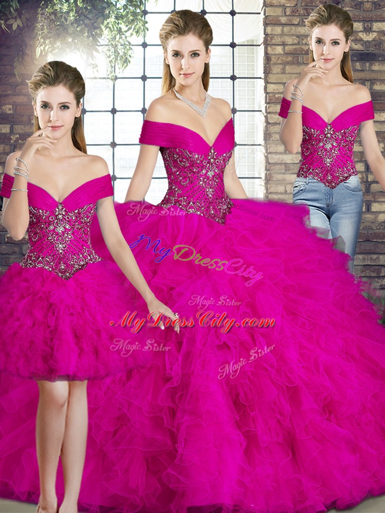 Sophisticated Off The Shoulder Sleeveless Quinceanera Dress Floor Length Beading and Ruffles Fuchsia Tulle