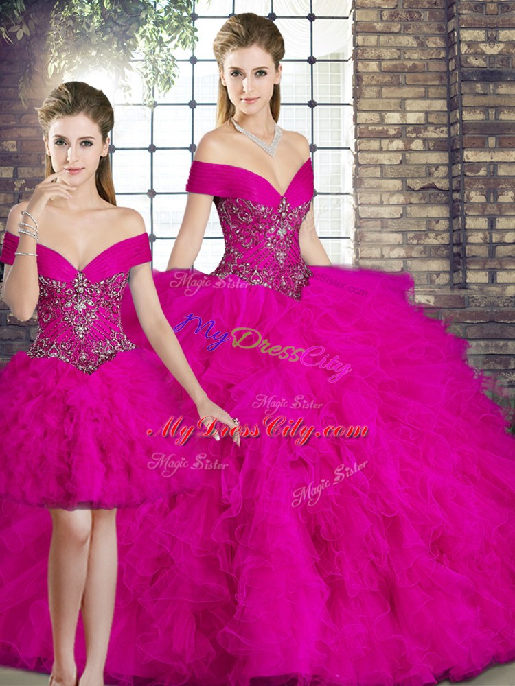 Sophisticated Off The Shoulder Sleeveless Quinceanera Dress Floor Length Beading and Ruffles Fuchsia Tulle