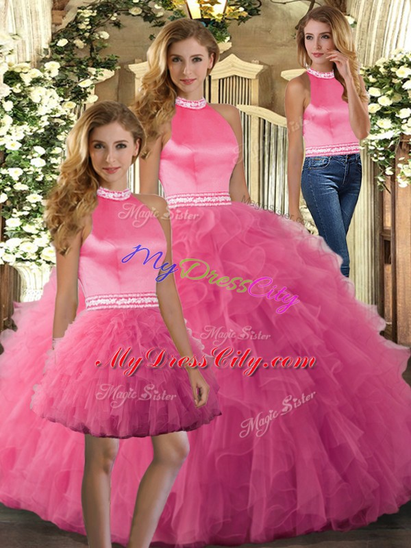 Custom Design Hot Pink Halter Top Backless Ruffles Quinceanera Gown Sleeveless