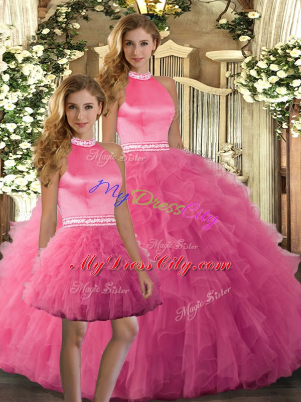 Custom Design Hot Pink Halter Top Backless Ruffles Quinceanera Gown Sleeveless