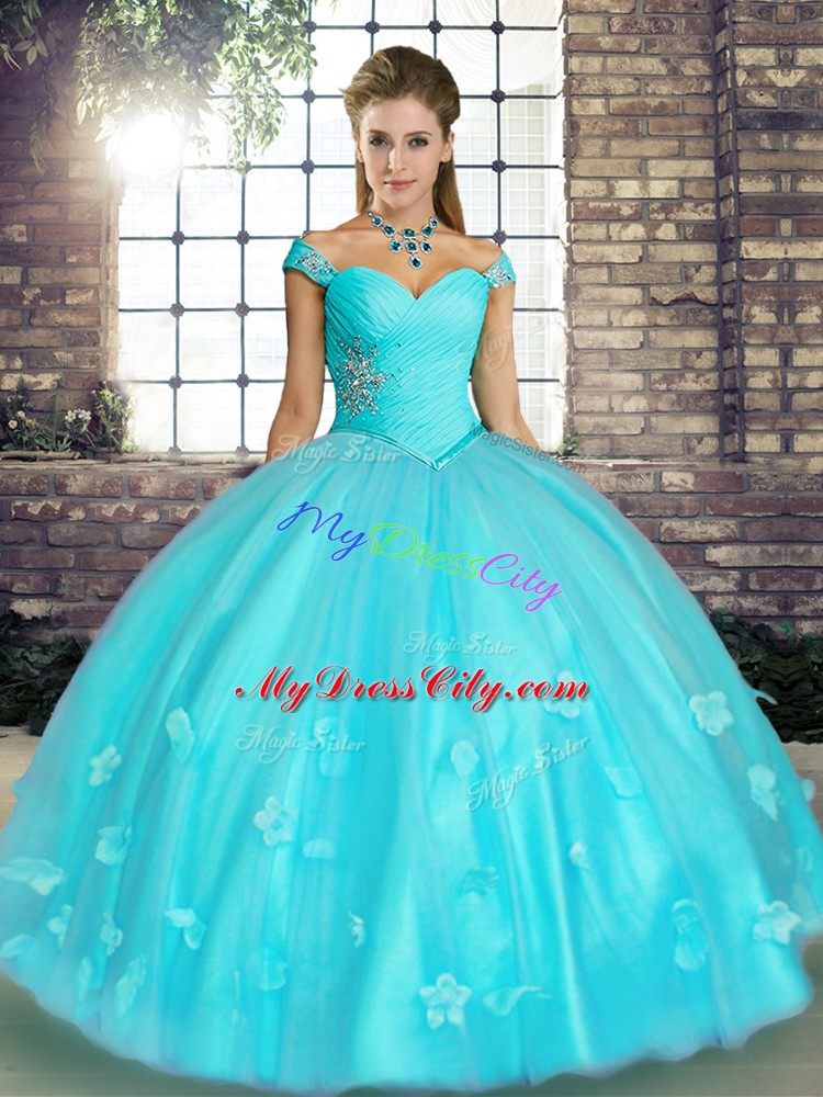 High Quality Sleeveless Lace Up Floor Length Beading and Appliques Ball Gown Prom Dress