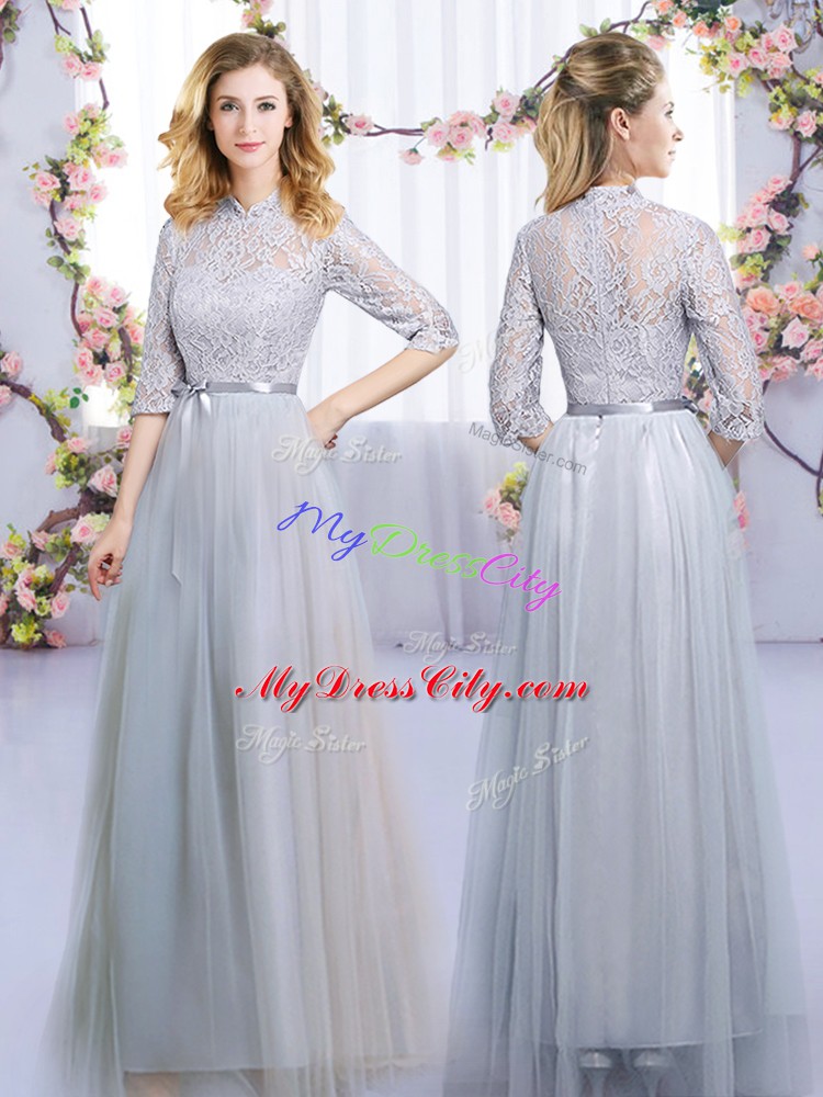 Grey Half Sleeves Lace and Belt Floor Length Bridesmaids Dress