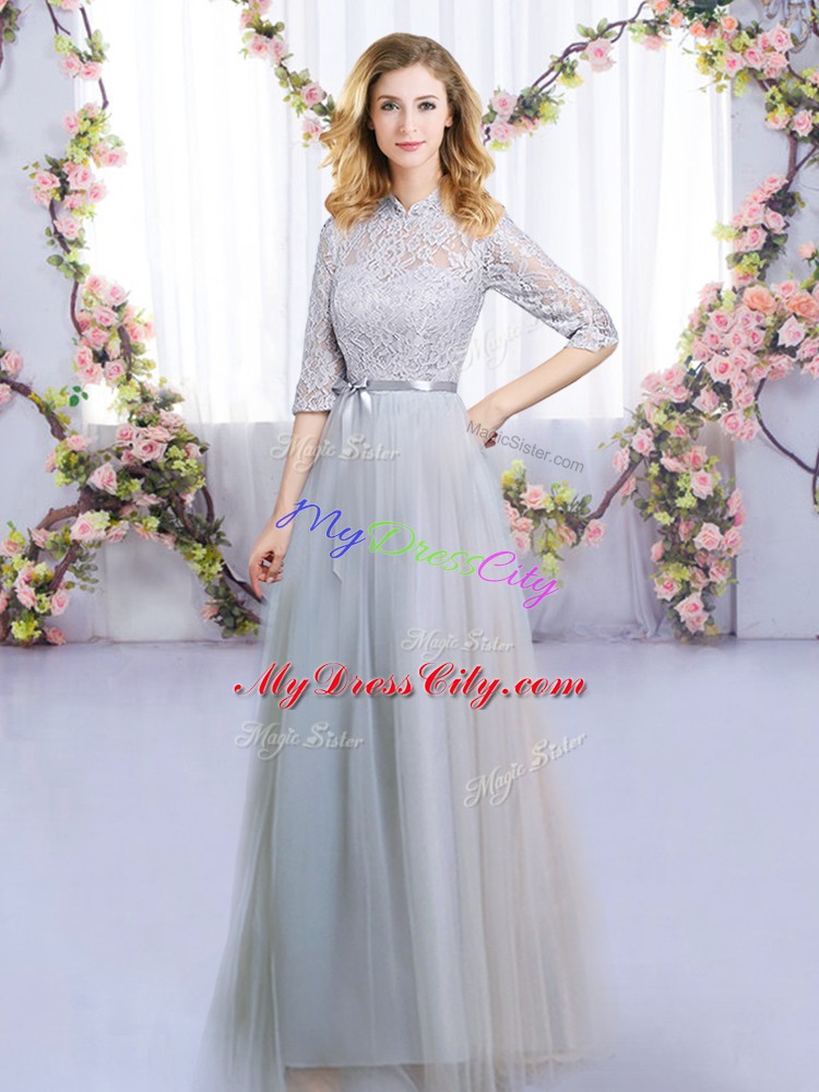 Grey Half Sleeves Lace and Belt Floor Length Bridesmaids Dress