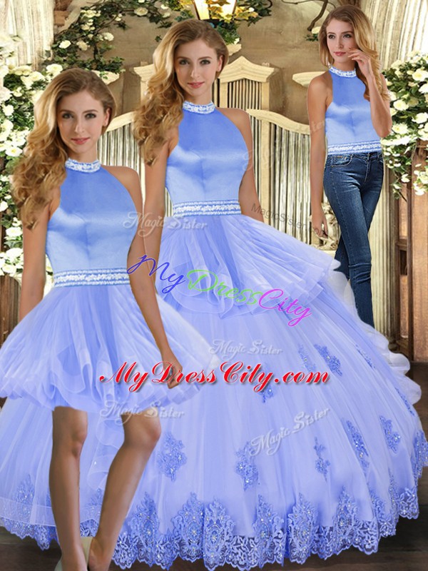 Ideal Halter Top Sleeveless Backless Quinceanera Gowns Lavender Tulle