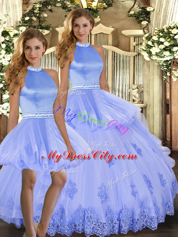 Ideal Halter Top Sleeveless Backless Quinceanera Gowns Lavender Tulle