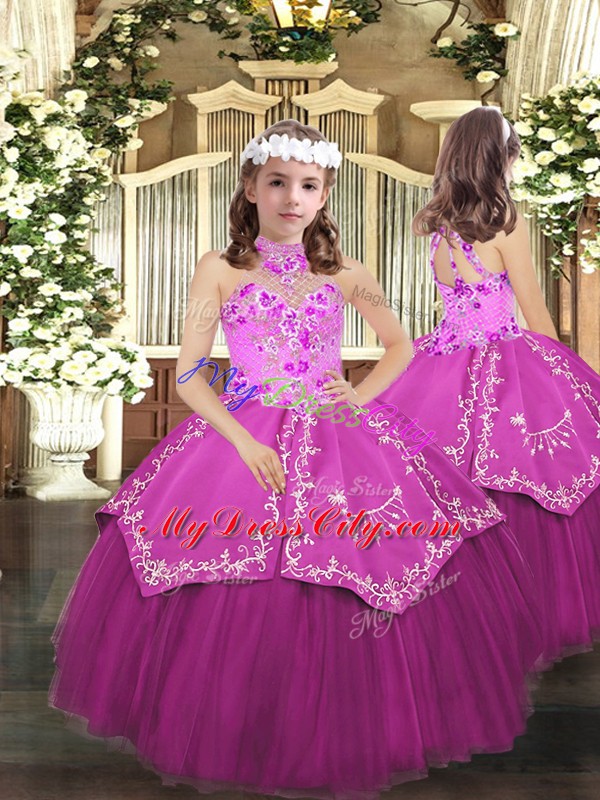 Lilac Tulle Lace Up Pageant Dress Toddler Sleeveless Floor Length Embroidery