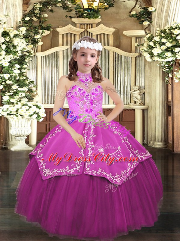 Lilac Tulle Lace Up Pageant Dress Toddler Sleeveless Floor Length Embroidery