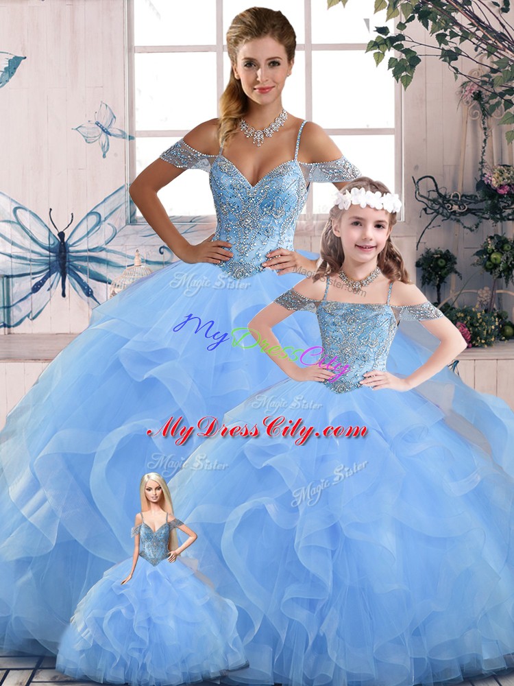 Luxury Floor Length Lace Up Sweet 16 Dresses Blue for Sweet 16 and Quinceanera with Beading and Ruffles