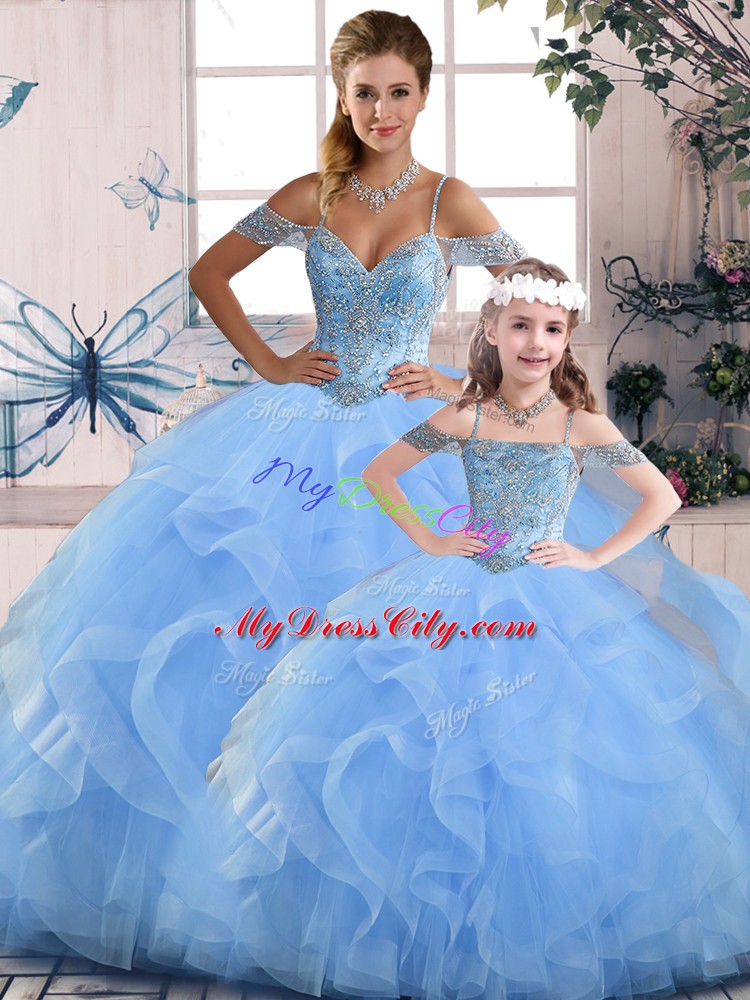 Luxury Floor Length Lace Up Sweet 16 Dresses Blue for Sweet 16 and Quinceanera with Beading and Ruffles