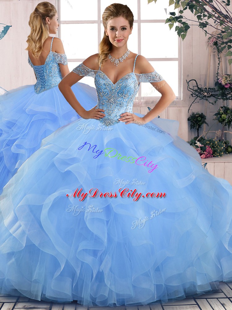 Luxury Floor Length Lace Up Sweet 16 Dresses Blue for Sweet 16 and Quinceanera with Beading and Ruffles