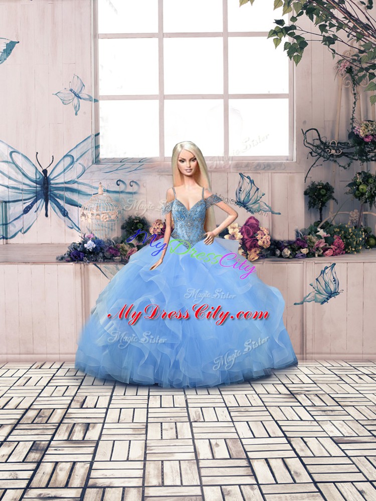 Luxury Floor Length Lace Up Sweet 16 Dresses Blue for Sweet 16 and Quinceanera with Beading and Ruffles