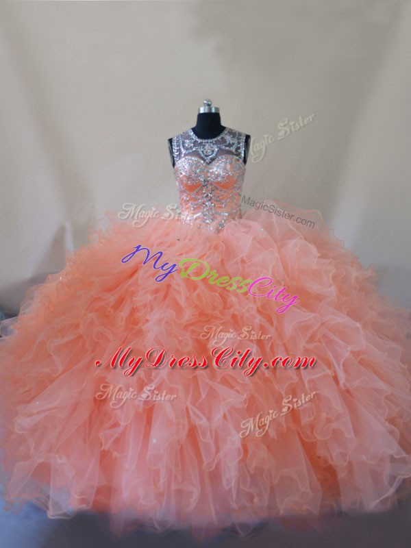 Comfortable Peach Sleeveless Beading and Ruffles Lace Up Vestidos de Quinceanera