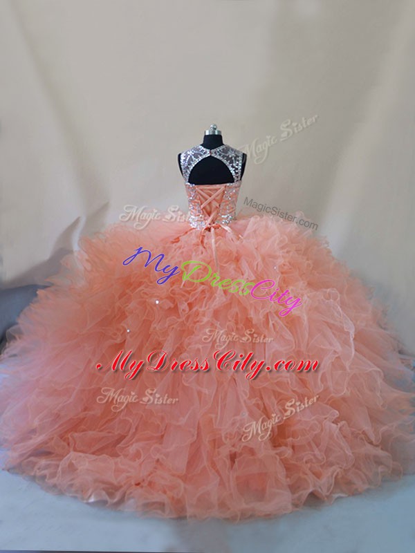 Comfortable Peach Sleeveless Beading and Ruffles Lace Up Vestidos de Quinceanera