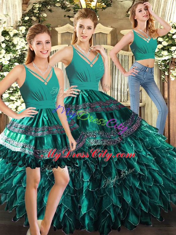 Excellent Turquoise Organza Backless Sweet 16 Dress Sleeveless Floor Length Appliques and Ruffles