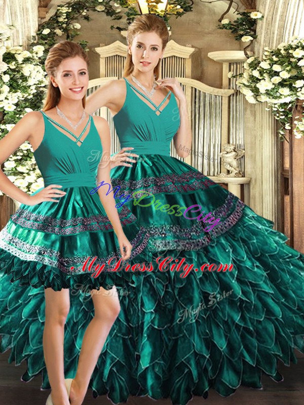 Excellent Turquoise Organza Backless Sweet 16 Dress Sleeveless Floor Length Appliques and Ruffles