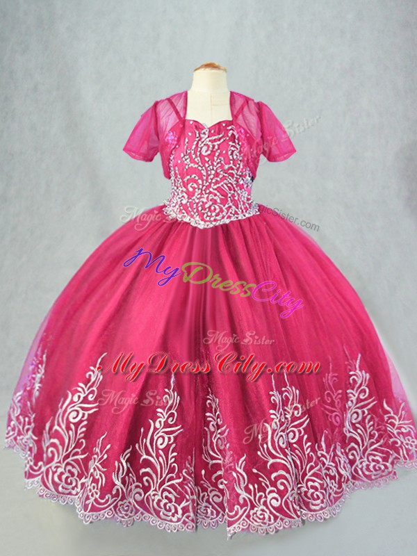 High Class Floor Length Hot Pink Little Girls Pageant Dress Tulle Sleeveless Beading and Embroidery